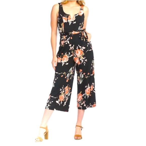 Papillon Navy Floral Jumpsuit With V Boni Neck Cropped Wide Leg Tie Belt Size L - Picture 1 of 16